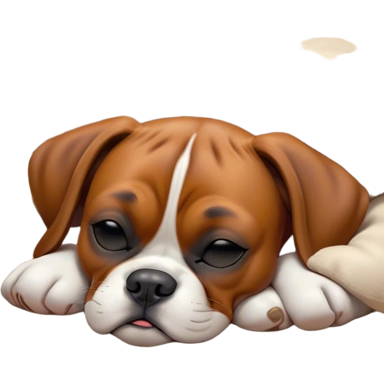 Cinematic cute Sleeping Boxer dog Portrait Emoji, cute and serene, with a stocky, adorable build and a smooth fur, eyes gently closed in peaceful slumber, Simplified yet irresistibly endearing features, highly detailed, glowing with a gentle, dreamy glow, high shine, relaxed and content, stylized with a touch of whimsy, bright and heartwarming, soft glowing outline, capturing the essence of a blissfully sleepy guardian, so comically serene it feels like it could roll out of the screen and snore with adorable charm! emoji