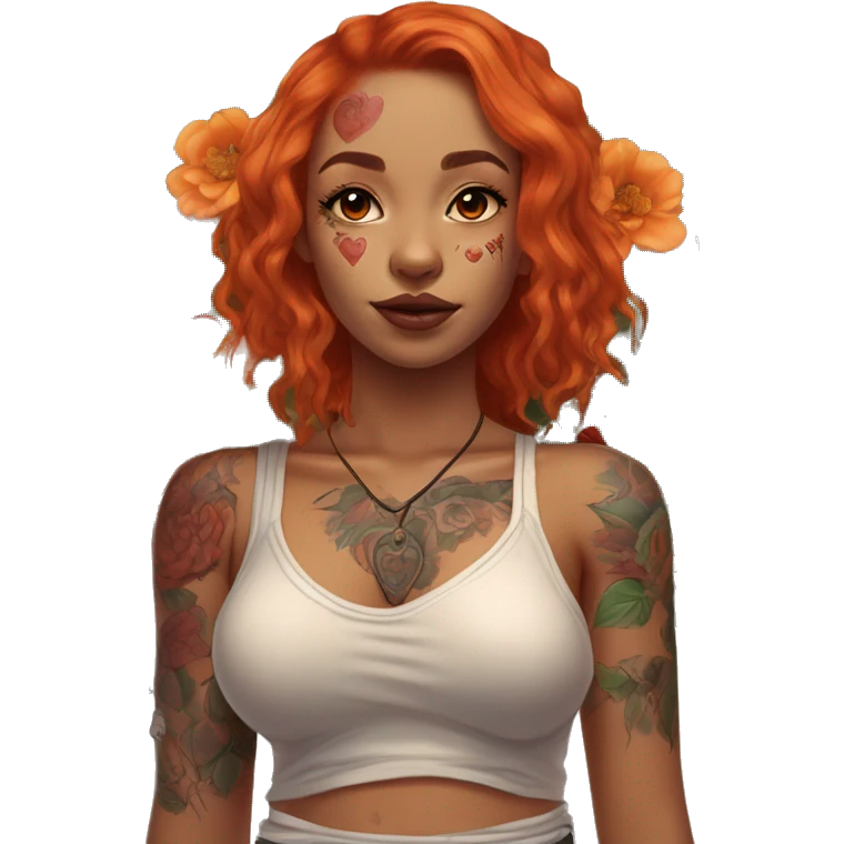 girl with orangey red shoulder-length hair, large brown eyes, full lips, septum piercing and large chest tattoo of anatomical heart with flower bunches near the shoulders emoji