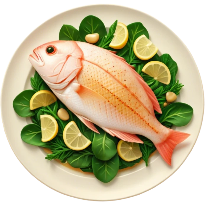 Cinematic fresh snapper fillet, pan-seared to golden perfection, soft and flaky texture, resting on a bed of sautéed greens, warm glowing background, refined and elegant. emoji