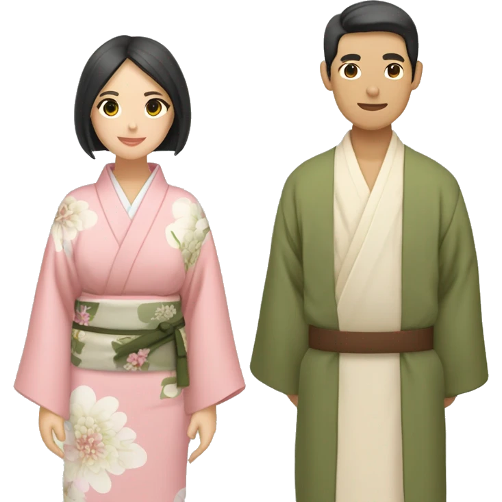 asian couple in kimono - man wearing kimono with olive green inside and brown outside and beige fabric belt, woman wearing light pink kimono with pastel florals of different colors emoji
