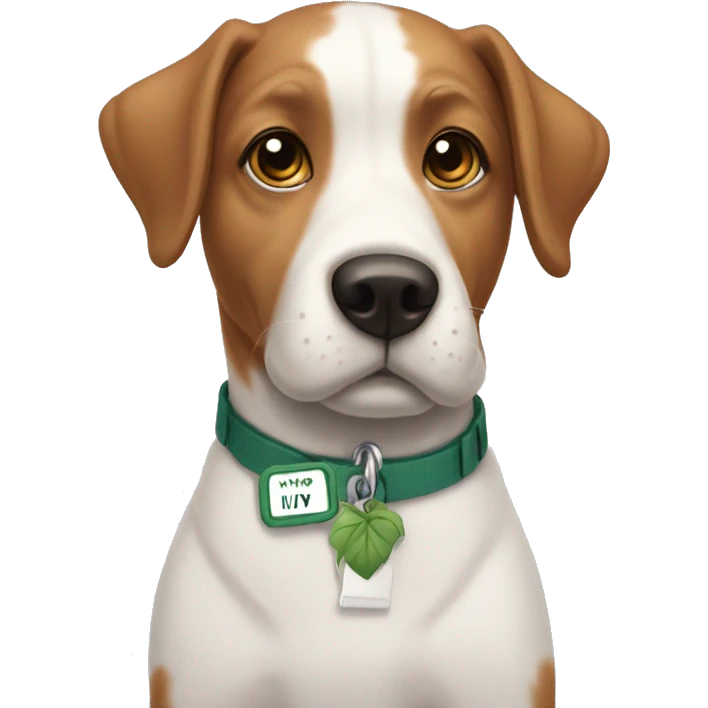 Dog with name tag that says ivy emoji