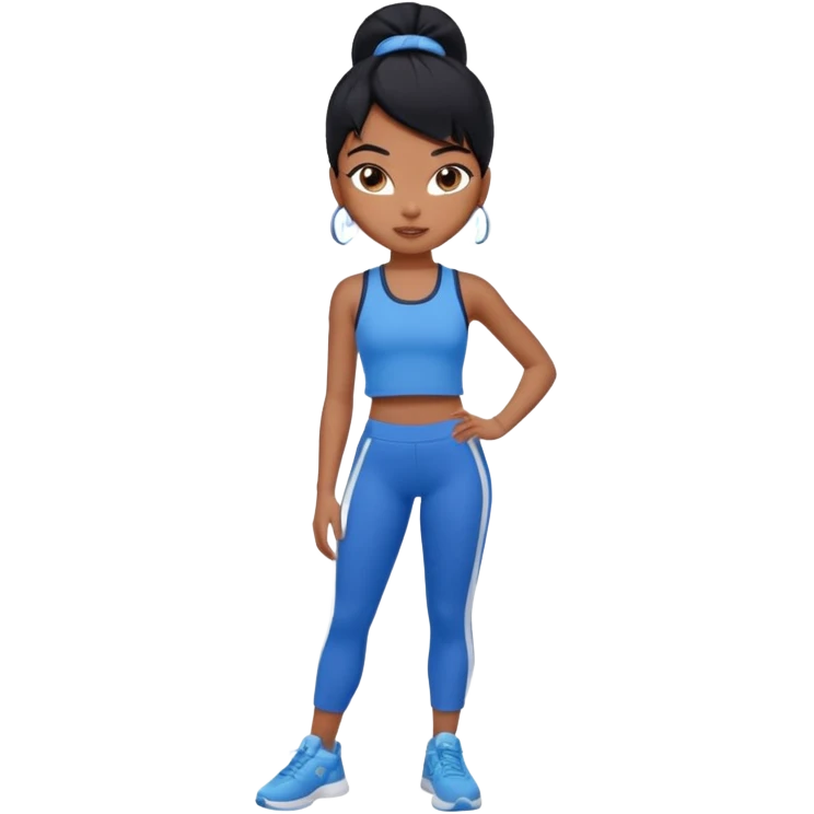 a pretty bratz tan girl who is skinny, hair color is black. wearing blue gym clothes.  emoji