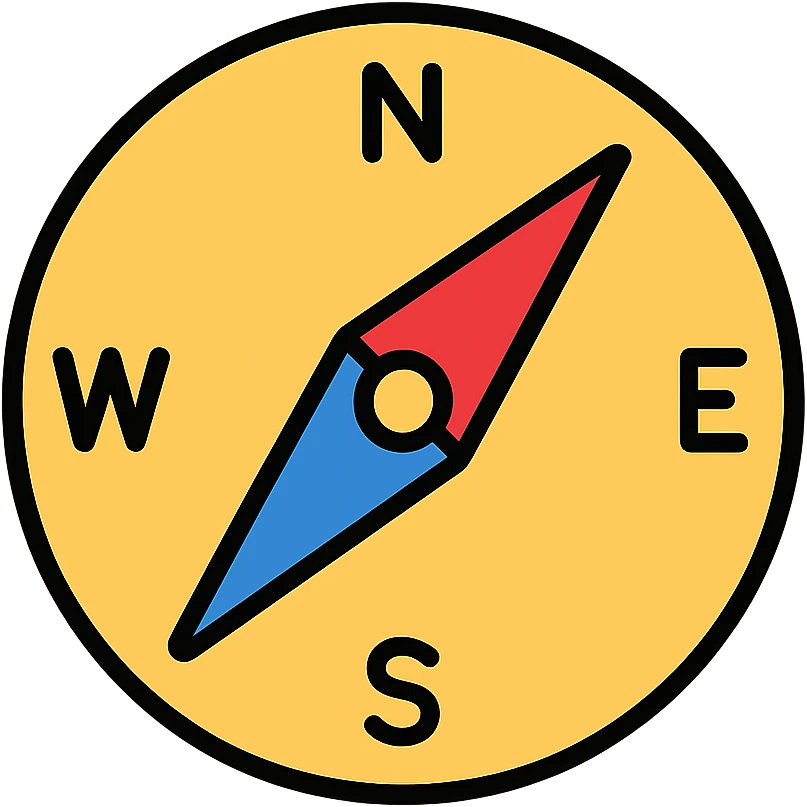A navigation compass with cardinal directions N, S, E, W and a red and blue needle emoji