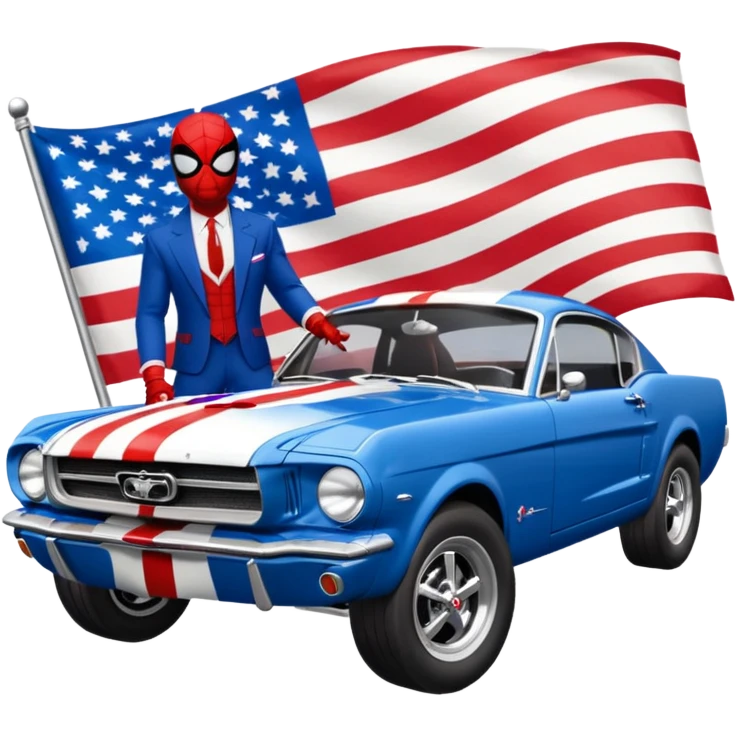 Spider-Man driving a 65 Mustang fastback that’s color the American flag emoji