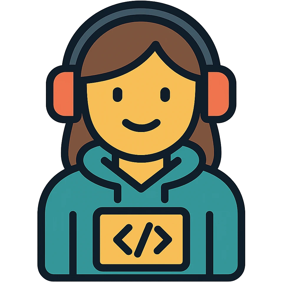 Show the smart coder as a female wearing a hoodie and headphones, in a minimalist flat style with no background. emoji