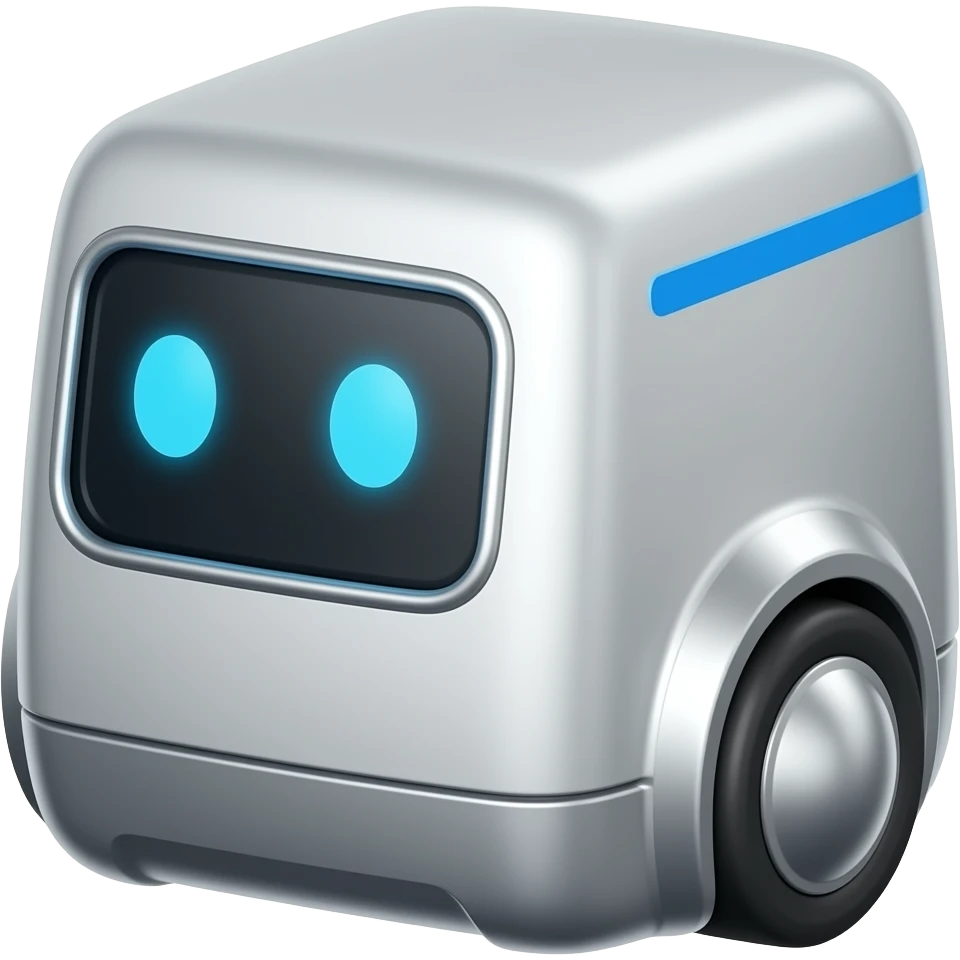 Rectangle shape metalic solid delivery robot with display showing blue eyes and a blue line on the top emoji