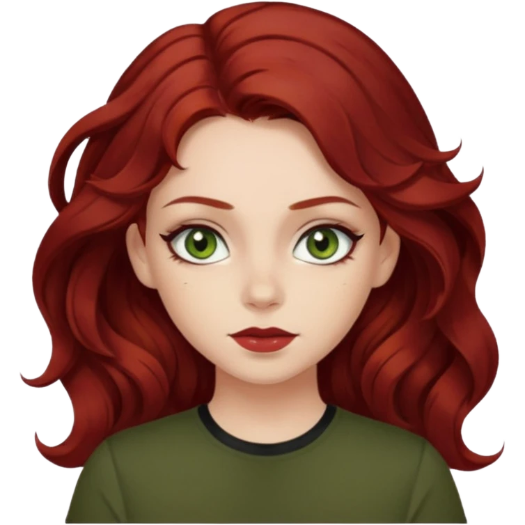 a pretty FAIR bratz girl with wavy dark red hair, wearing a black tee. eyeliner on, olive green eyes.  emoji