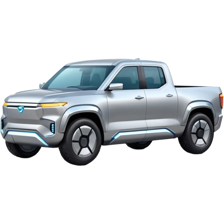 A futuristic electric pickup truck emoji, silver chrome body, angular cyber design, smooth metallic panels, subtle reflections, minimalistic proportions, iOS emoji style, centered composition, clean white background, soft lighting emoji
