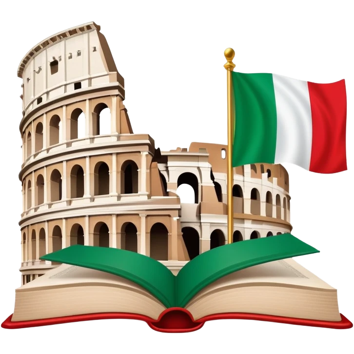 An icon featuring the Colosseum and the flag of Italy, symbolizing the Italian language. The design includes an open book with Italian phrases and a gondola, representing language learning and cultural exploration. Transparent background emoji