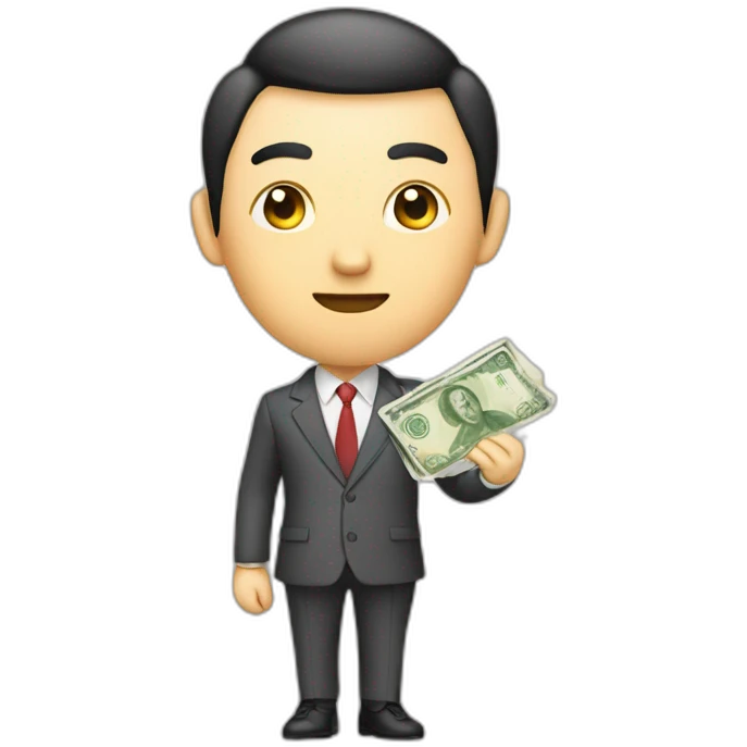 Draw a Chinese character, full body, wearing suits, holding 100 CNY bill emoji