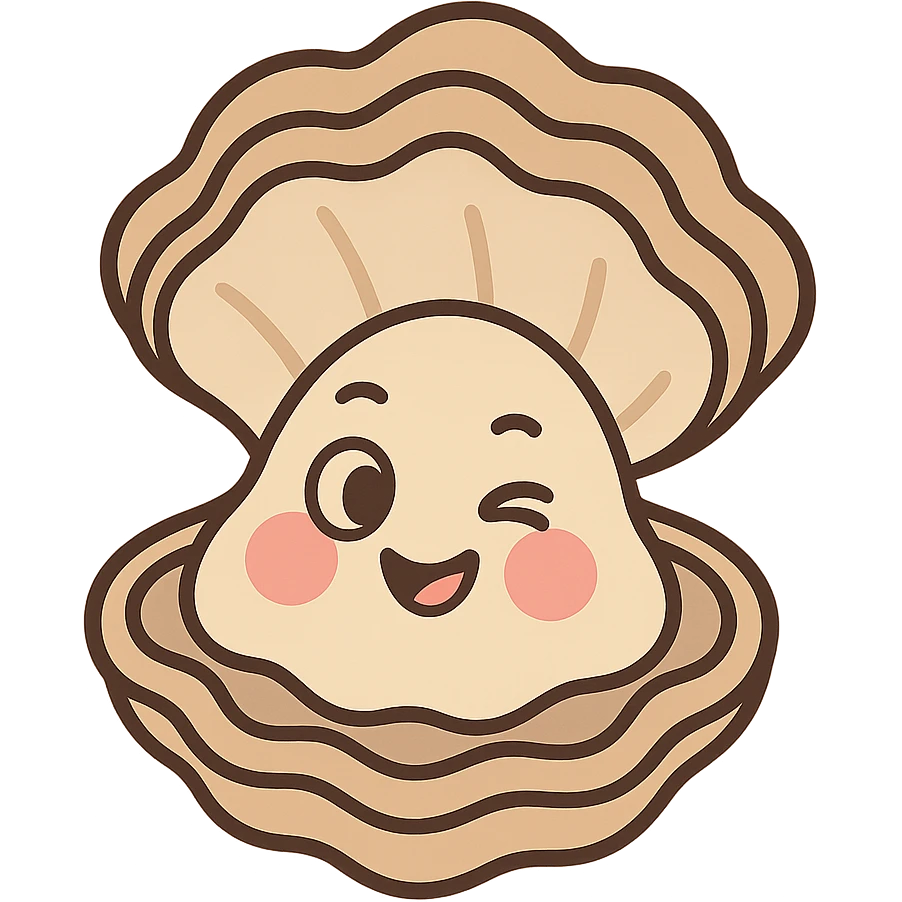 cute oyster with winking expression and rosy cheeks, pastel toon style, cream and greige colors emoji