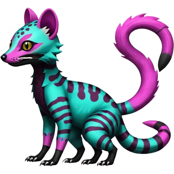 Rare warm-colored exotic edgy epic aesthetic spooky dark modern colorful cyber-Genet-Trico-Salandit-Civet-species-Fakemon-hybrid-creature, with beautiful intricate markings, full body emoji