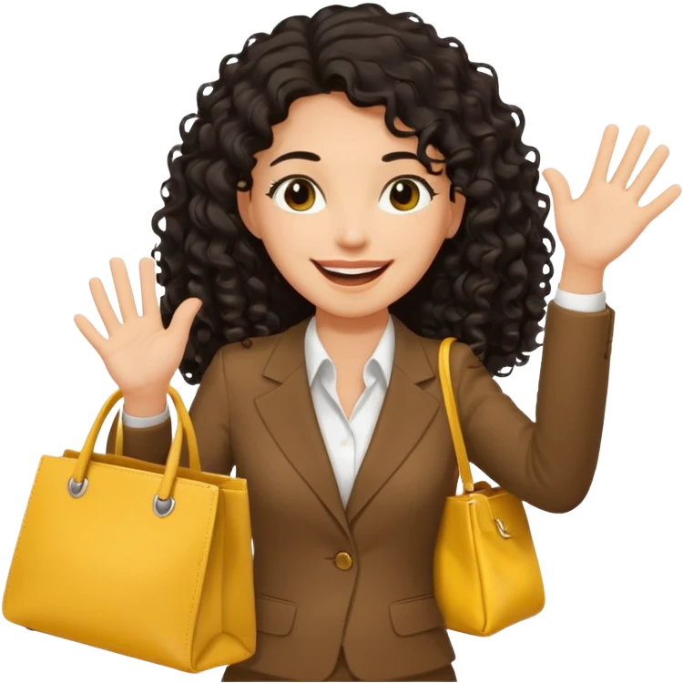 medium deep tan brown business woman with long black curly hair, waving hand with happy face with smile mouth and carrying bag on her shoulder and the other hand holding yellow stanley tumblr emoji