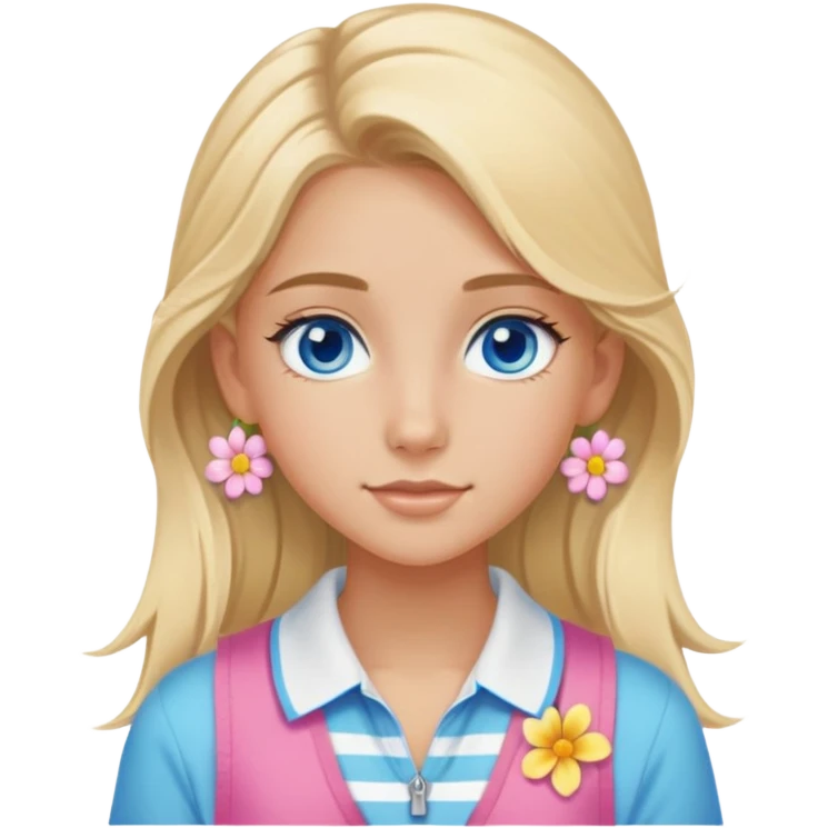 preppy coastal teen girl with blue eyes, beach blonde hair, tan skin, small flowers in her ear, preppy beach outfit emoji