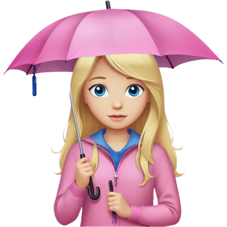 Cinematic realistic emojis in the form of a blonde girl with long hair and blue eyes, dressed in a pink sweater and jeans, holding an umbrella over her from the rain emoji