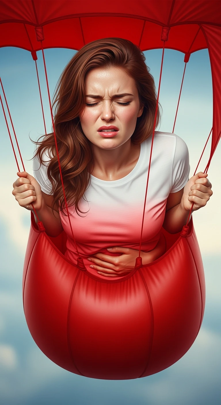 DONNA CON MAL DI PANCIA E INTESTINO CHIUSO IN UN PALLONCINO ROSSO, ESPRESSIONE DI DOLORE IN VOLTO, IPERREALISTICA 4K emoji
