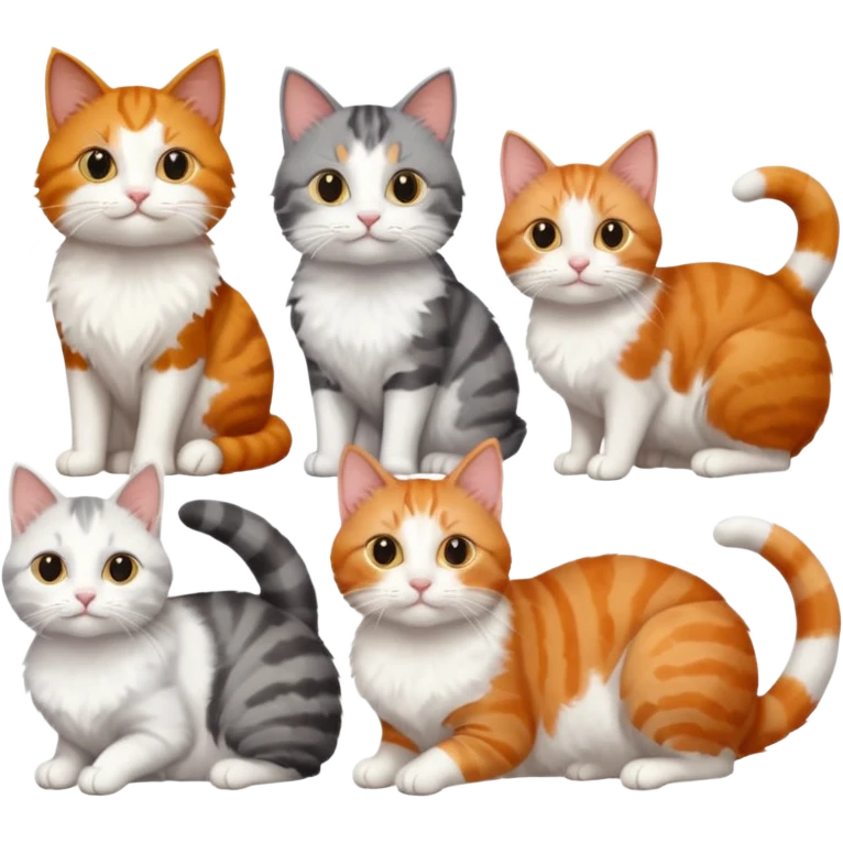 6 cats with different coloured coats, 2 are grey and white, 1 is grey with a little white, 1 calico, 1 brown tabby and white and one ginger and white emoji