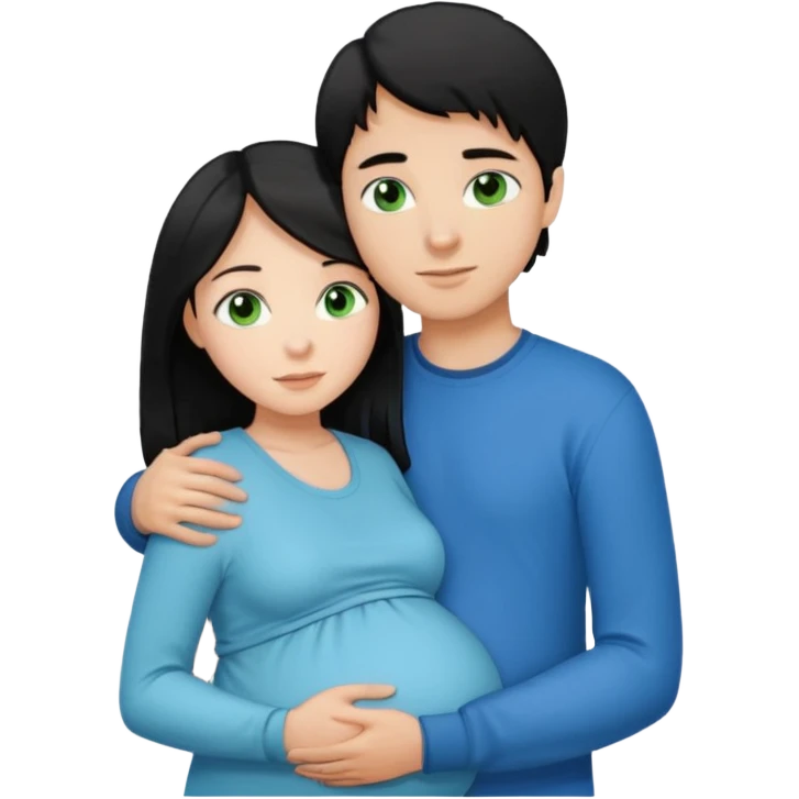 Make a couple hugging the girl is white with long black hair with blue eyes. The girl is hugging a boy with light brown short hair with green eyes. The boz is pregnant  emoji