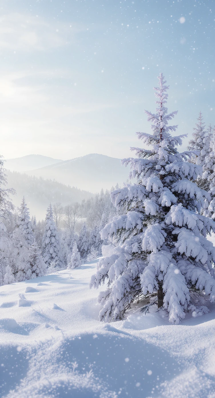 Cinematic still of a winter landcape, snowy,christmas tree in snow, in background we can see beautifull snowy landscape, soft light, symmetrical, day --no curtains emoji