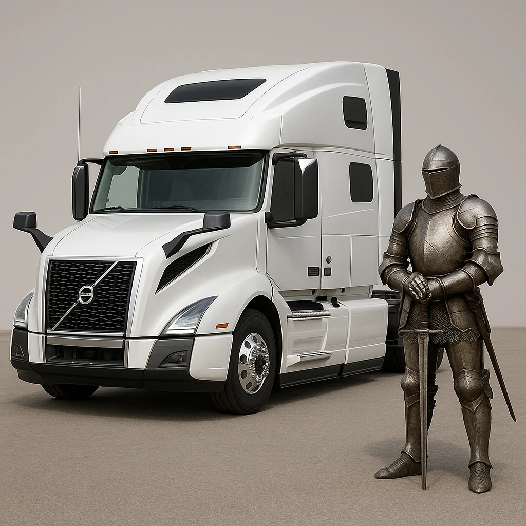 a knight standing next to a white 2022 Volvo semi sleeper truck, detailed, modern, clean background emoji