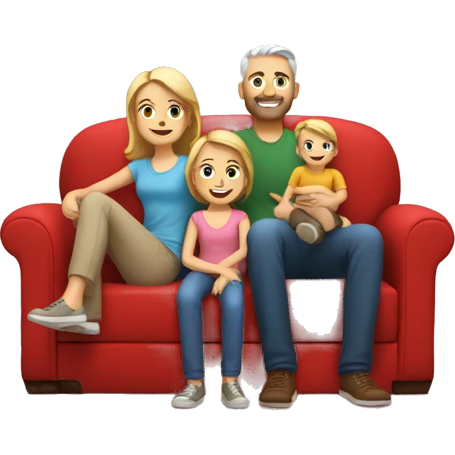 happy white family sit on a red sofa emoji