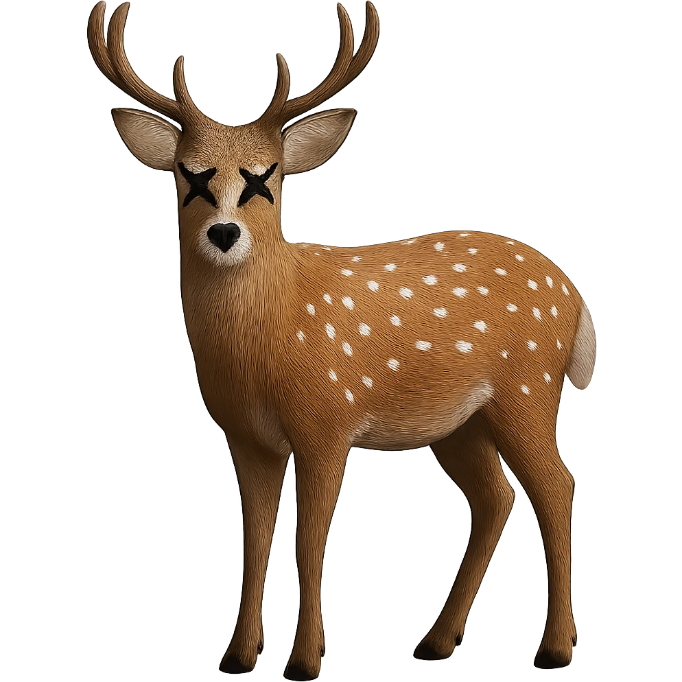Overlay cartoon X's on the eyes in the exact same style and position as the deer image, referencing the deer for the X style. Keep everything else 100% identical—pose, style, lighting, and details. Make the background transparent. emoji