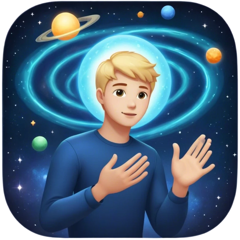 A young man floats in space, touching a particle that glows and expands, shaping the universe around him. Each touch creates new light, symbolizing how his choices build his own reality. emoji