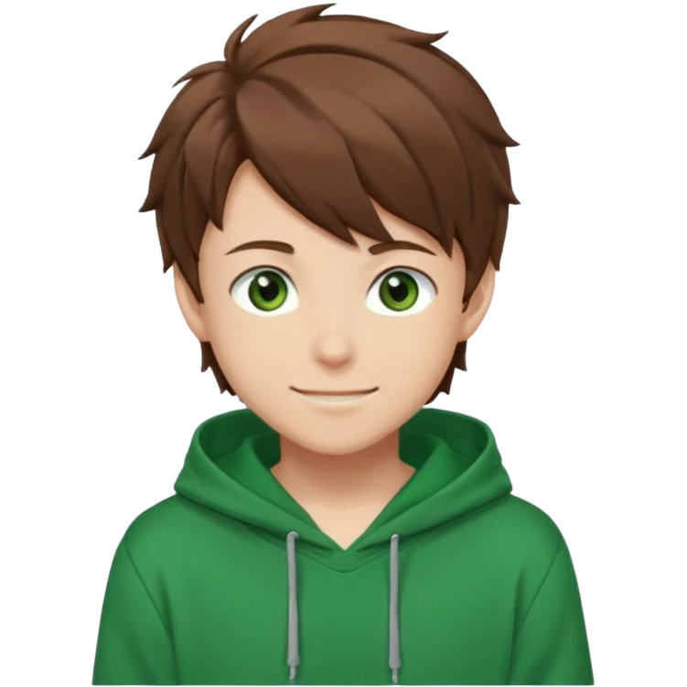 Anime teen boy with brown hair, green eyes, and a green hoodie, looking smiling slightly sideways positioned. Face must be main filling of the emoji. A little piece of hoodie can be visible. 128px emoji
