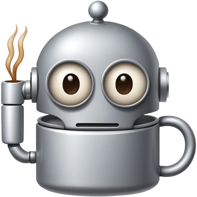 A sleepy robot with droopy eyes holding a coffee mug, looking exhausted emoji