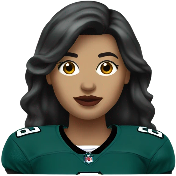 White female long dark hair red lips wearing Philadelphia Eagles jersey emoji