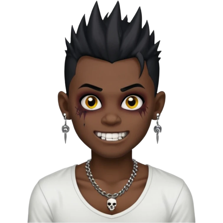 zombie boy with spiky emo black hair and white shirt , tattos, a risk on the eyebrow, earings,  a necklace emoji, with grills in his mouth and he’s smiling, change skin color to darkskin emoji