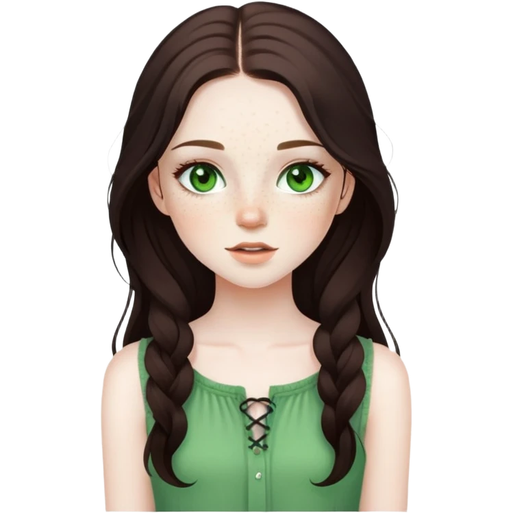 pretty girl with pale skin, freckles, green eyes, long lashes, dark brown long hair in summer styled outfit emoji