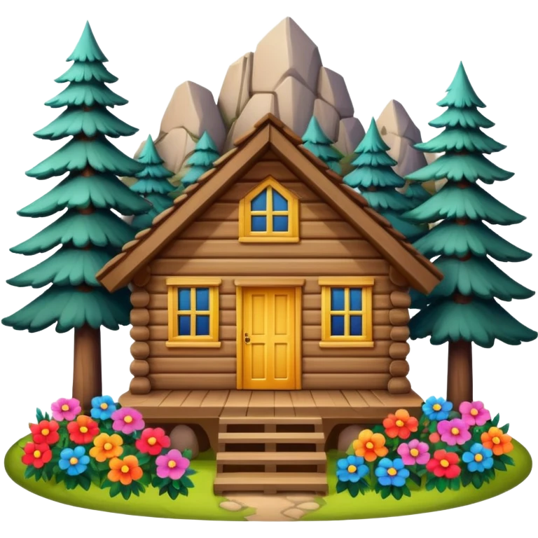 cabin in the woods, surrounded by pines, with flowers around emoji