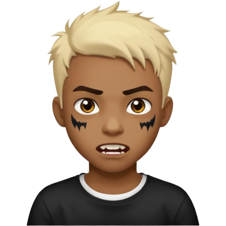 Black Male Teenager with Short punk messy blonde hair, Dark brown bushy eyebrows large expressive golden-brown eyes, wearing a plain white t-shirt, Dark Brown skin color. vampire tooth emoji