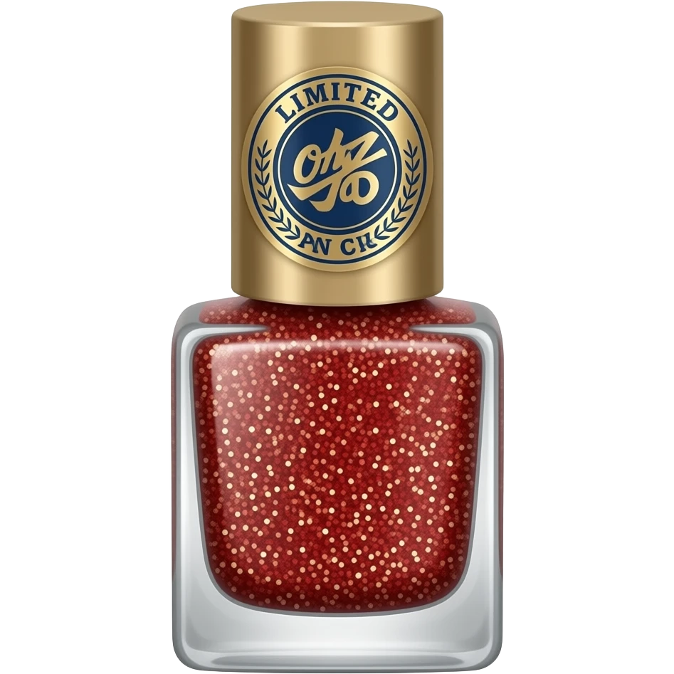 A red glitter nail polish that has limited edition sticker on it emoji