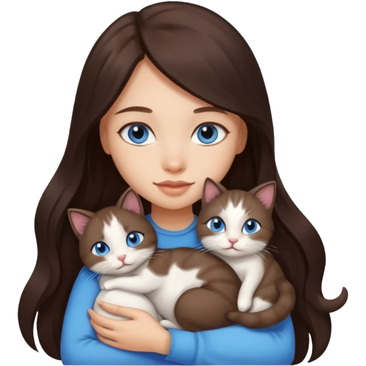a pretty girl with long dark brown hair, with blue eyes, hugs 3 different natural coloured small cats emoji