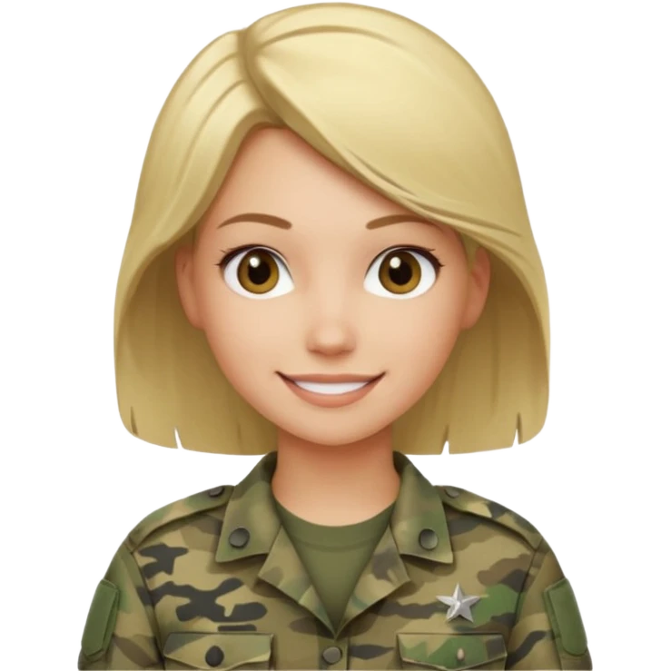 Apple-style emoji: female soldier, bust, no cap/helmet, friendly smile, generic camo top,  black color blonde hair emoji