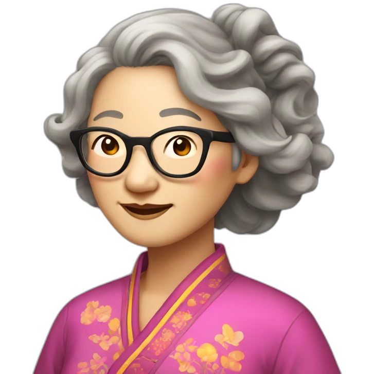 Chinese senior lady with long wavy hair to the shoulder length wear glasses dress colorful Chinese clothes emoji