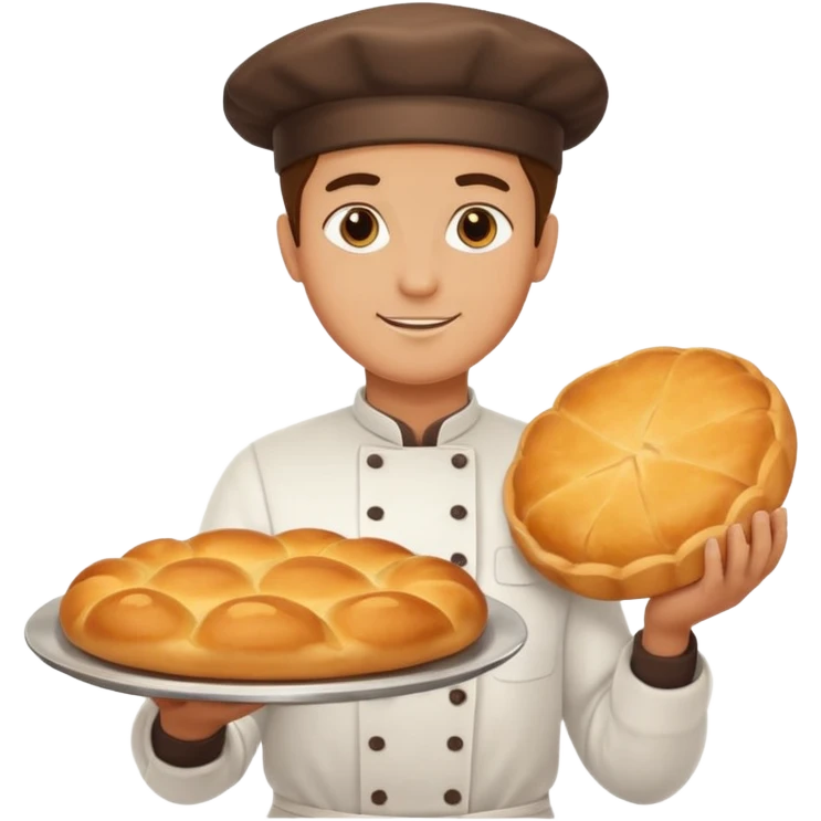baker holding tray with big bread emoji
