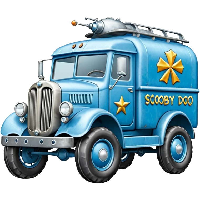 The Flintstones shiny crushed iced-blue frozen Scooby Doo 1915 Lightning Bug busters liquidator’s antique long-wheelbase snub-nose off-road moving truck  emoji