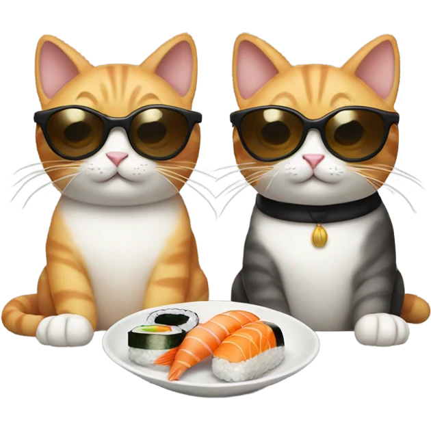 two cats wearing sunglasses and eating sushi emoji