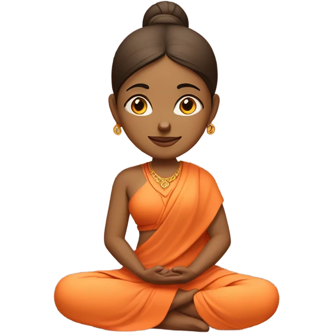 Indian female yogi with meditative expression.  sitting in a lotus position. She wears a sleeveless pastel-colored shirt paired with a flowing orange robe, symbolizing traditional yogic attire. A small red bindi adorns her forehead emoji