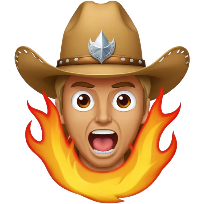 angry country music guy screaming wearing a cowboy hat mixed a heavy metal guy with flames coming out the back emoji