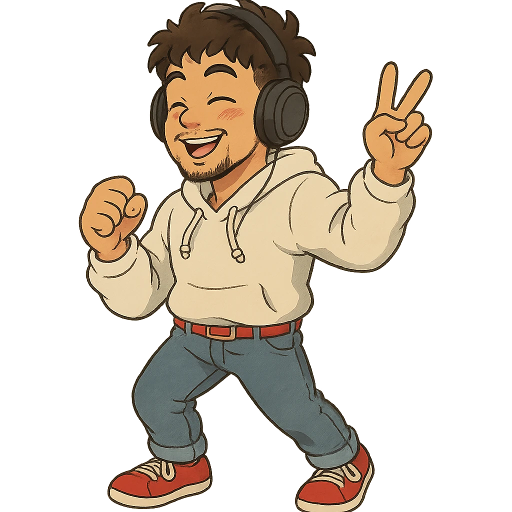 1 male, mid fade haircut dark chestnut brown curly hair, toasted lightskin, white hoodie sleeves up, fashion jeans, red fashion-sneakers shoes, red belt, short trimmed beard and goatee,  style of deku from "my hero academia", headphones on jammin', twtich emote emoji