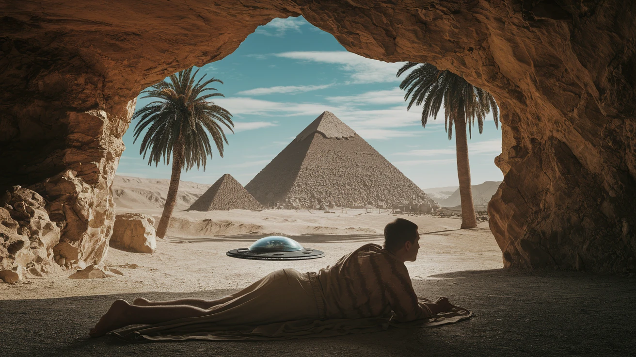 cinematic still, documentary photography, acient egypt, back shot of a man dress in ancient clothes in cave on ground laying front of small ufo starship, palms, dynamic scane, leading lines, captured by arri alexa, depth layers, piramids in babckground emoji
