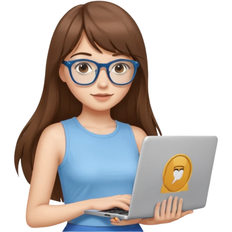 Una chica de color de piel blanca con cabello súper largo con flequillo color marrón y gafas con estilo de periodista súper top, también agrega una lapso en sus manos, también que su vestimenta sea un crop top color azul Celeste  emoji