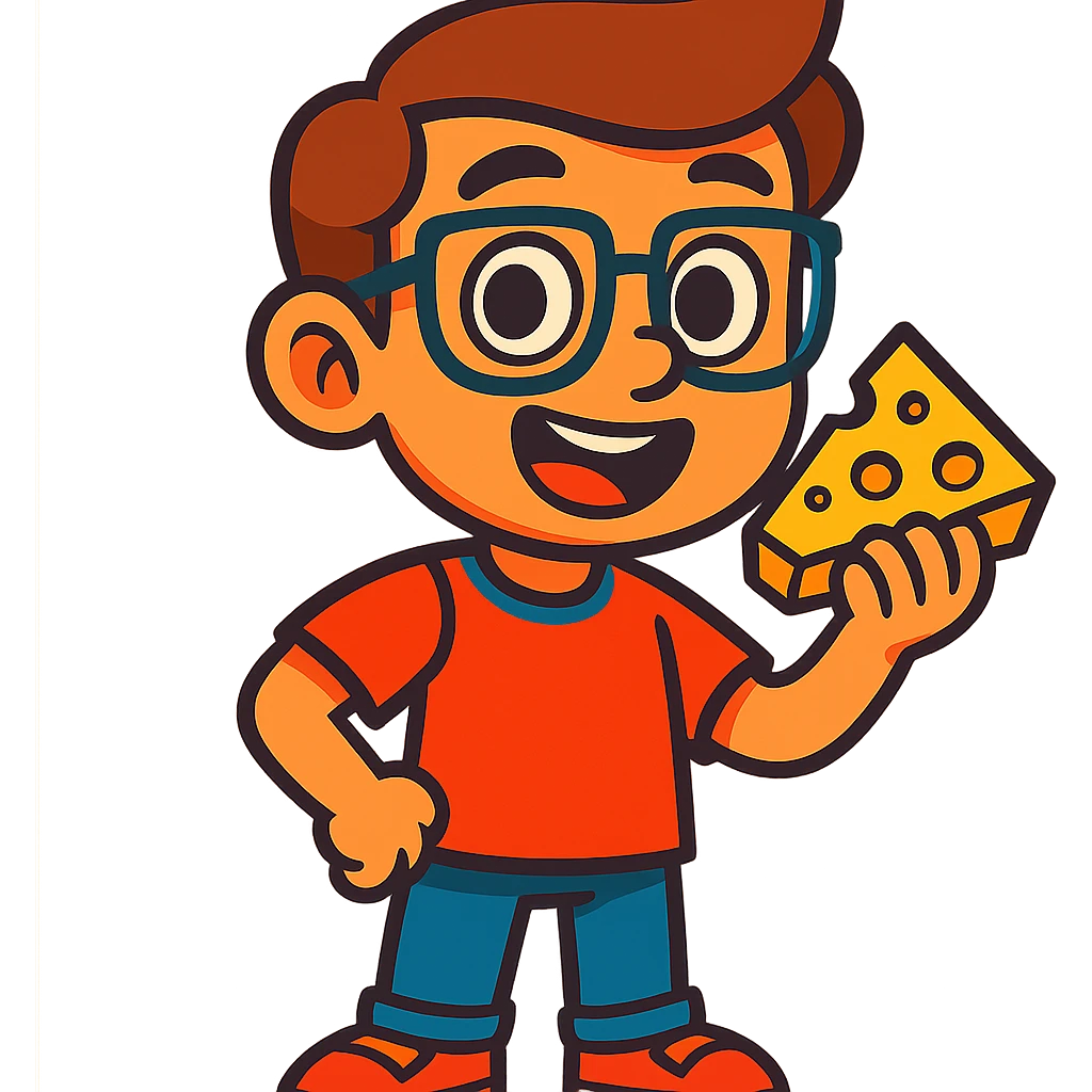 cartoon boy with brown hair, brown eyes, glasses, holding a piece of cheese, vibrant toon style emoji