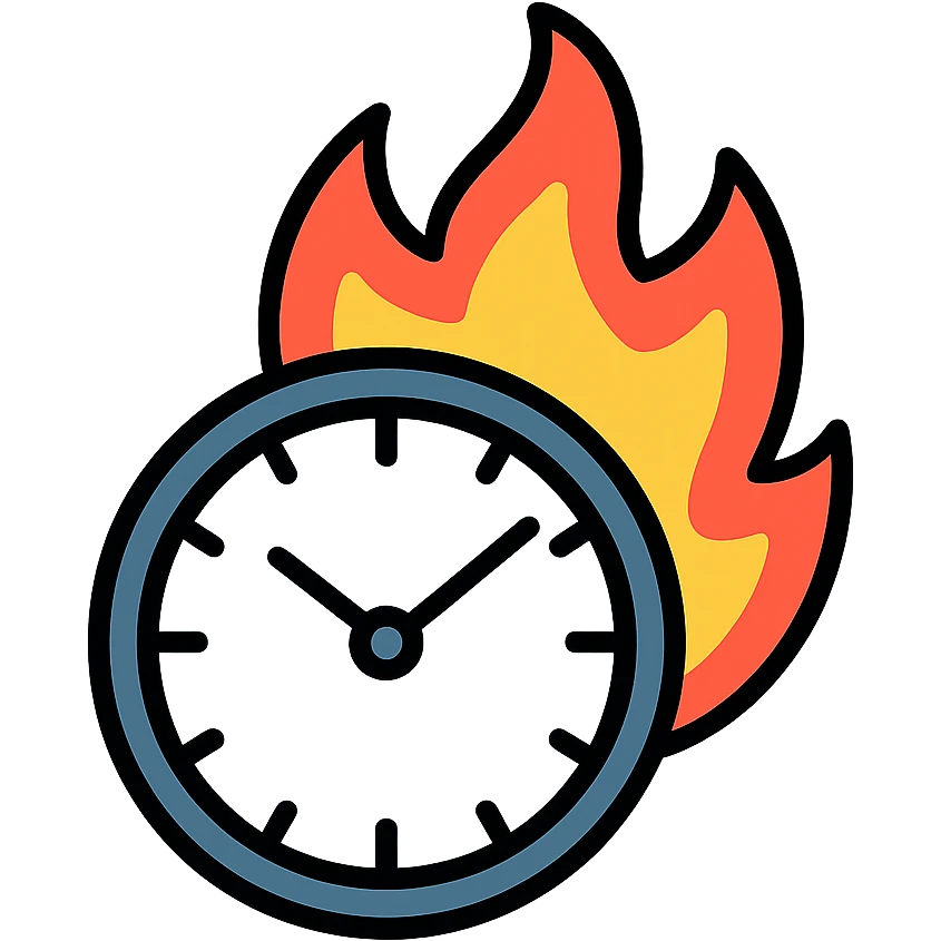 minimal color icon of a round clock with bright vivid flames, clean lines emoji