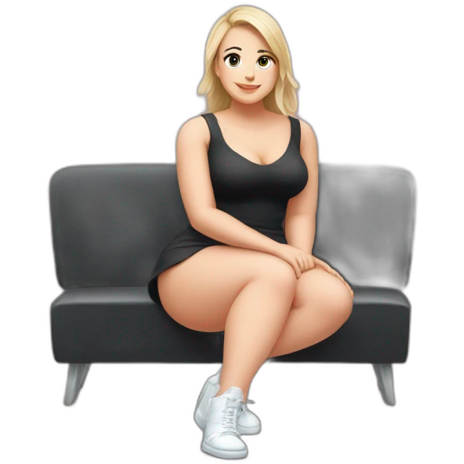 Front view full body curvy caucasian beauty sitting straight hands up black skirt white knickers white socks emoji
