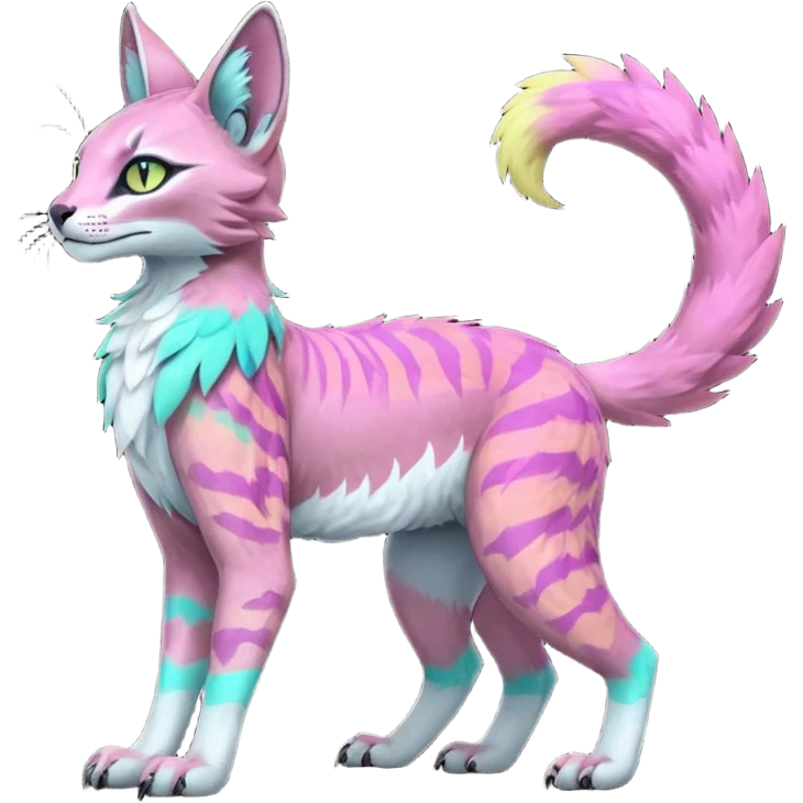 Realistic Colorful pale light fruity pastel white glorious iridescent exotic albino neon vibrant zigzagged fantasy-caracal-civet-genet-sergal-vernid-Gryphon-Cacomistle-Trico-oncilla-animal-Fakémon-hybrid-fursona (full body), facial markings, (realism style) emoji